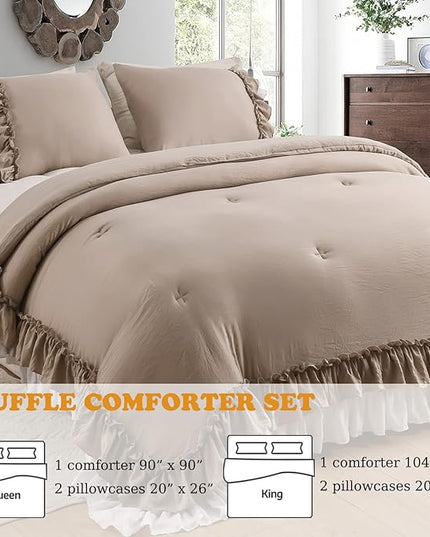 Taupe Ruffled Comforter King Size,Farmhouse Rustic Bedding Shabby Boho Chic Taupe Bedding Vintage Aesthetic Lightweight Fluffy Comforter Set 3 Pieces - LeafyLoom