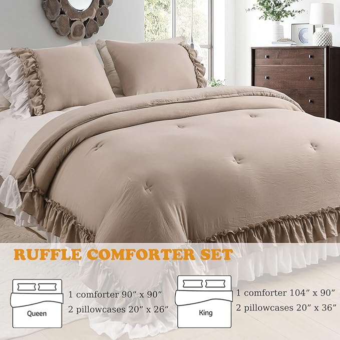 Taupe Ruffled Comforter King Size,Farmhouse Rustic Bedding Shabby Boho Chic Taupe Bedding Vintage Aesthetic Lightweight Fluffy Comforter Set 3 Pieces - LeafyLoom