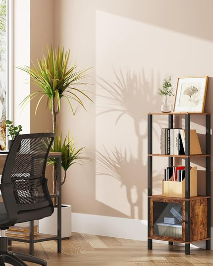 TUTOTAK 4 Tier Bookcase and Bookshelf, Narrow Book shelf with Door for Small Space, for Living Room, Office, Study, Entryway, Brown BS03BB004 - LeafyLoom