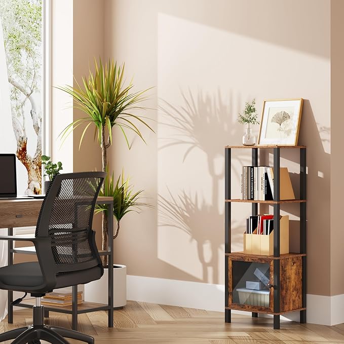 TUTOTAK 4 Tier Bookcase and Bookshelf, Narrow Book shelf with Door for Small Space, for Living Room, Office, Study, Entryway, Brown BS03BB004 - LeafyLoom