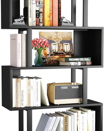 Yusong S Shaped Bookshelf, Modern Geometric Bookcase, 6-Tier Black Display Case Book Shelf - LeafyLoom