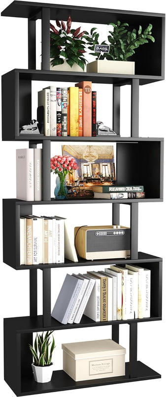 Yusong S Shaped Bookshelf, Modern Geometric Bookcase, 6-Tier Black Display Case Book Shelf - LeafyLoom