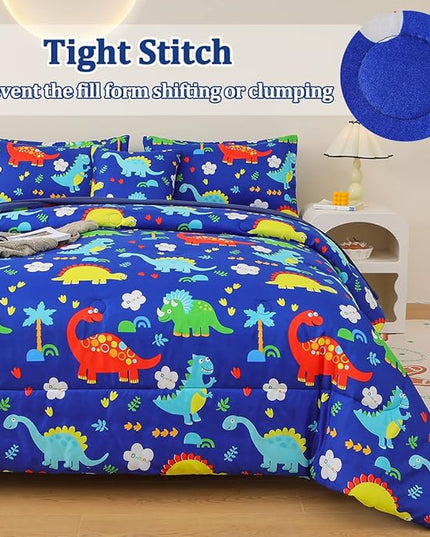 Dinosaur Comforter Set for Boys, 6 Pcs Bed in a Bag Twin Blue Dinosaur Wild Park Jungle Print Kids Bedding Set with Sheets - LeafyLoom