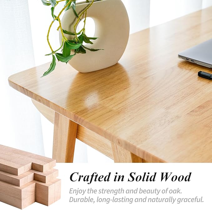 Computer Desk with Drawers, Solid Wood Writing Desk, Mid Century Modern Home Office Desks, Oak Study Table, Small Desk for Bedroom, 29.1 H x 39.4 W x 21.7 D Inches, Natural - LeafyLoom