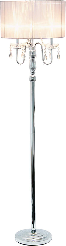 Elegant Designs LF1002-WHT Romantic Cascading Hanging Crystals Sheer Drum Shade Chrome Floor Lamp, White - LeafyLoom