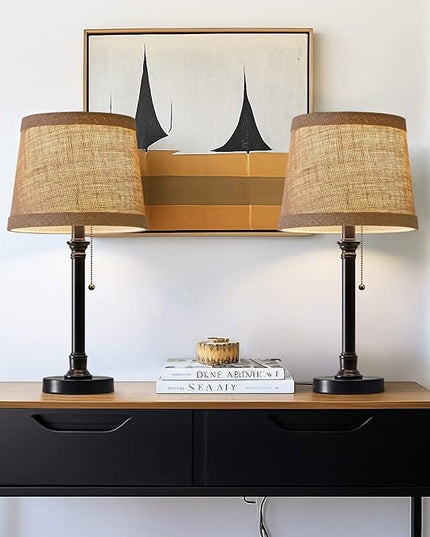 Oneach Cottage Style Black Pull Chain Table Lamps Set of 2 for Bedroom Living Room 20'' Traditional Bedside Desk Nightstand Buffet Candlestick Samll Lamps with Fabric Drum Shade - LeafyLoom