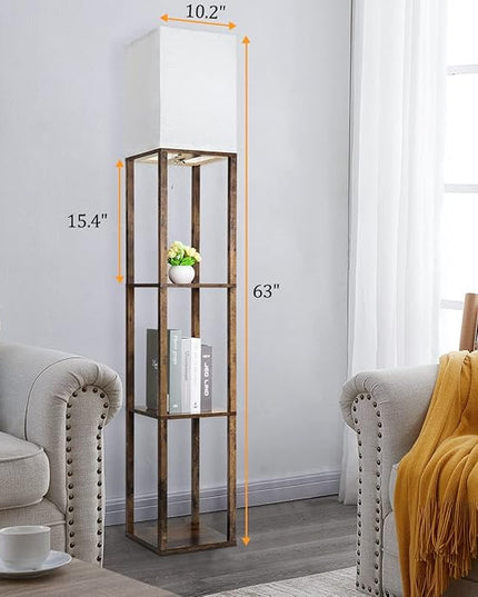 Dott Arts Floor Lamp with Shelves, 3 Color Temperature LED Bulb, Wood Texture, Storage, Brown - LeafyLoom