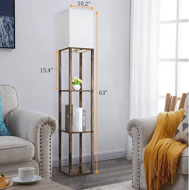 Dott Arts Floor Lamp with Shelves, 3 Color Temperature LED Bulb, Wood Texture, Storage, Brown - LeafyLoom