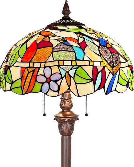 Capulina Tiffany Floor Lamp 2-Light 16X16X66 Inches Cardinal Birds Vintage Style Stained Glass Standing Reading Light for Living Room Bedroom Home Office - LeafyLoom