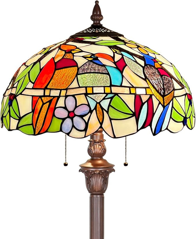 Capulina Tiffany Floor Lamp 2-Light 16X16X66 Inches Cardinal Birds Vintage Style Stained Glass Standing Reading Light for Living Room Bedroom Home Office - LeafyLoom
