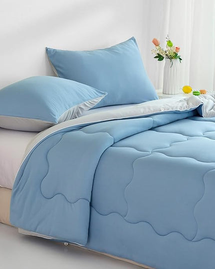 COTTEBED Reversible Light Blue and Grey Bed Comforter Twin Set, Jersey Knit T-Shirt Feel Ultra-Soft Lightweight Bedding Blanket Quilt & Pillowcase for Kid Boy Girl College Dorm All Season(Twin/TwinXL) - LeafyLoom