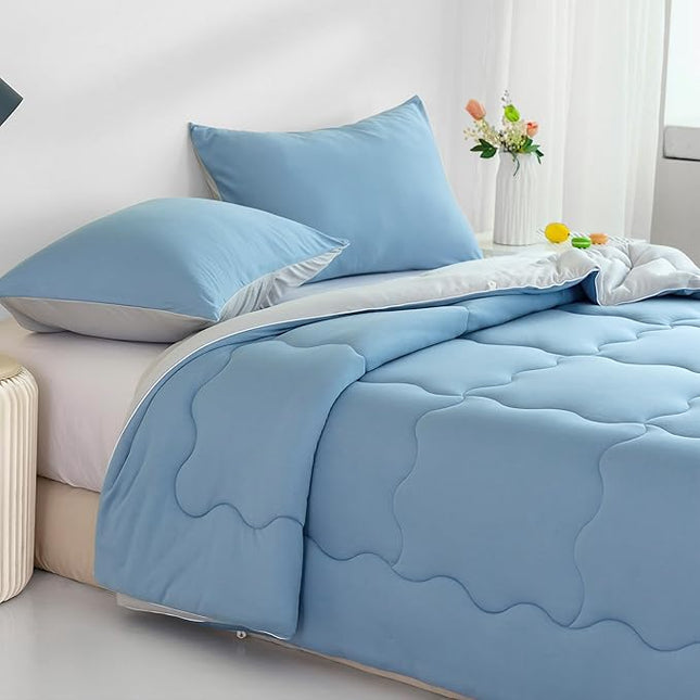 COTTEBED Reversible Light Blue and Grey Bed Comforter Twin Set, Jersey Knit T-Shirt Feel Ultra-Soft Lightweight Bedding Blanket Quilt & Pillowcase for Kid Boy Girl College Dorm All Season(Twin/TwinXL) - LeafyLoom