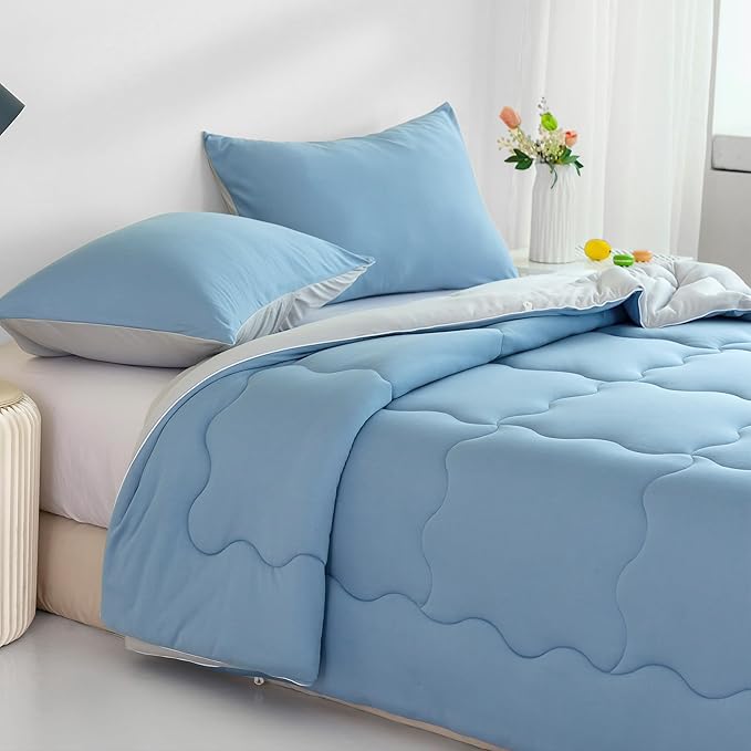 COTTEBED Reversible Blue and Light Gray Bed Comforter Queen Sets, Jersey Knit T-Shirt Feel Ultra-Soft Lightweight Breathable Cozy Bedding Down Quilt Blanket & 2 Pillowsham All Season Use (Full/Queen) - LeafyLoom