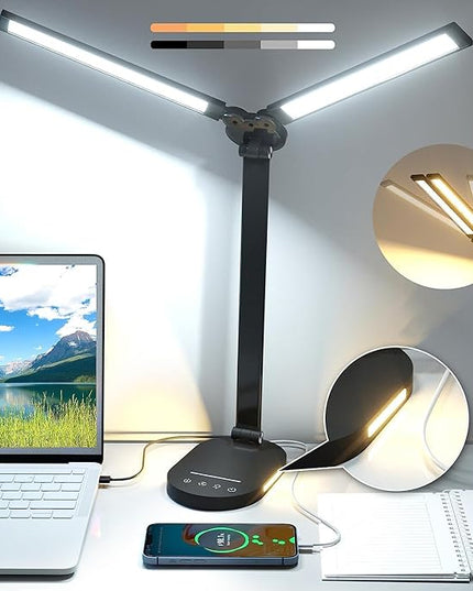 LED Desk Lamps for Home Office, Dual Swing Arm Desk Light, Dimmable Desk Lamp with USB Charging Port, Office Lamp with Night Light, 1H Timer, 5 Color Modes 5 Brightness Levels, Eye-Caring Table Lamp - LeafyLoom
