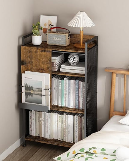 4 Tier Large Bookshelf with Storage Cabinet, Metal Industrial Bookcase Storage Organizer with Sliding Door, Open Standing Shelf Unit for Bedroom, Living Room, Home Office, Rustic Brown - LeafyLoom