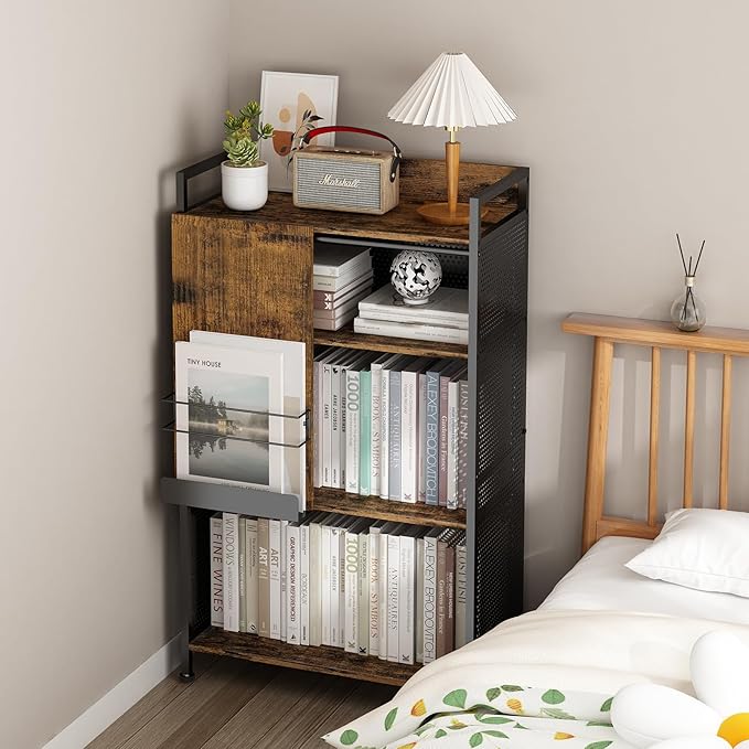 4 Tier Large Bookshelf with Storage Cabinet, Metal Industrial Bookcase Storage Organizer with Sliding Door, Open Standing Shelf Unit for Bedroom, Living Room, Home Office, Rustic Brown - LeafyLoom