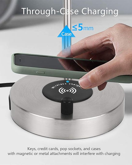 USB Desk Lamp – Table Lamp with Wireless Charging Pad and USB Port, Edison Bedside Nightstand Lamp with Metal Base for Guestroom Bedroom Living Room Office, Satin Nickel - LeafyLoom