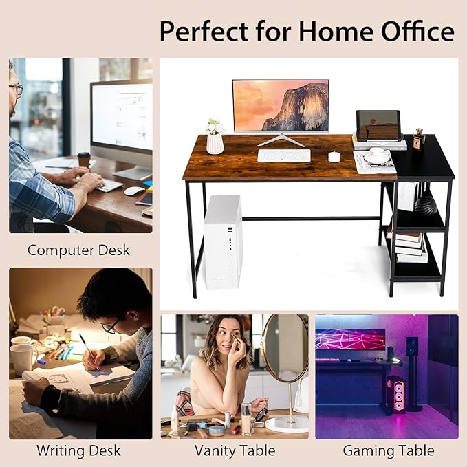 Multifunctional Computer Desk, Industrial Study Writing Desk w/Removable Storage Shelf, Heavy-Duty Metal Frame, 55 Inch Desk for Home Office, Gaming Room, Bedroom (Rustic Brown) - LeafyLoom