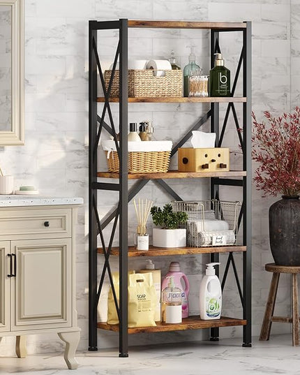 5-Tier Bookshelf,Wood Bookcase,Book Shelf with Steel Frame, Storage Rack with Open Shelves, Rustic Standing Bookshelves Ladder Shelf 110lbs/shelf for Bedroom,Living Room and Home Office - LeafyLoom