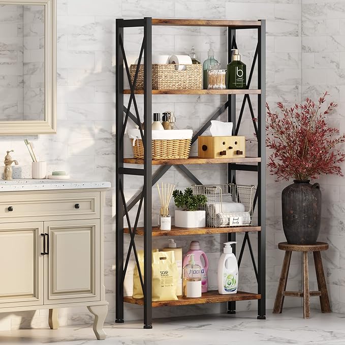5-Tier Bookshelf,Wood Bookcase,Book Shelf with Steel Frame, Storage Rack with Open Shelves, Rustic Standing Bookshelves Ladder Shelf 110lbs/shelf for Bedroom,Living Room and Home Office - LeafyLoom