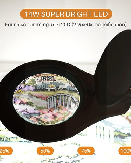 Bifocals LED Magnifying Lamp with Clamp, 5 Diopter with 20 Diopter, 5 Inch Magnifier Glass Lens, 1200 Lumens Dimmable Magnifier Lamp for Desk Craft Hobby with 60PCS Bright LEDs - LeafyLoom