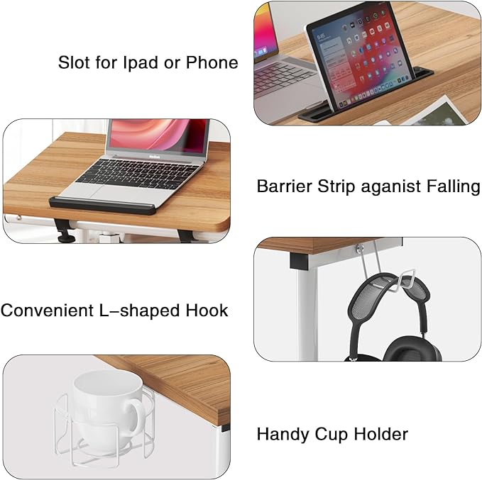 soges Rolling Standing Desk, Height Adjustable Home Office Desk, Mobile Sit-Stand Laptop Desk with Cup Holder and Hook, Portable Desk with Wheels, Oak - LeafyLoom