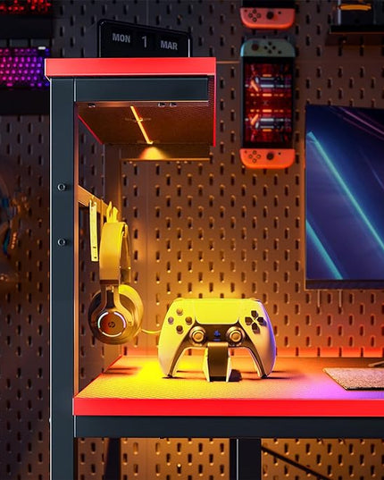 Bestier Gaming Desk with LED Lights, 44 Inch PC Gamer Desk for Small Spaces, Computer Desk with Reversible Storage Shelves & Side Storage Bag (Black 3D Carbon Fiber) - LeafyLoom