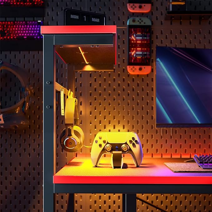 Bestier Gaming Desk with LED Lights, 44 Inch PC Gamer Desk for Small Spaces, Computer Desk with Reversible Storage Shelves & Side Storage Bag (Black 3D Carbon Fiber) - LeafyLoom