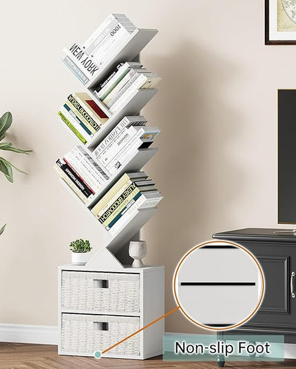 Vagusicc 6 Tier Tree Bookshelf, Modern Floor Standing Bookcase with Storage Drawer, Space Saving Storage Organizer Book Shelves for Books, Tall Wood Storage Rack for Bedroom/Living Room/Home Office - LeafyLoom
