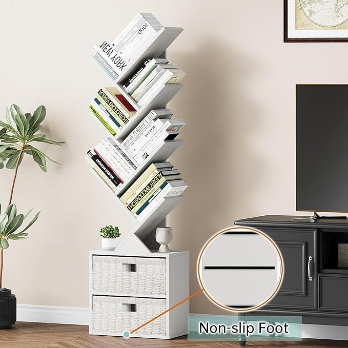 Vagusicc 6 Tier Tree Bookshelf, Modern Floor Standing Bookcase with Storage Drawer, Space Saving Storage Organizer Book Shelves for Books, Tall Wood Storage Rack for Bedroom/Living Room/Home Office - LeafyLoom