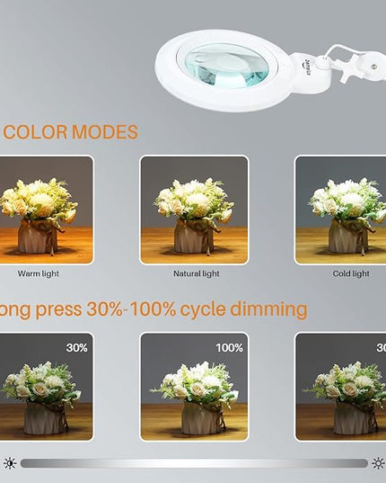 Bifocals Magnifying Desk Lamp with Clamp, 5 Diopter with 20 Diopter, 6 Inch Detachable Lens and 120PCS LEDs, 3 Color Modes 1200 Lumens Swivel Arm Magnifying Lamp with Light for Crafts - LeafyLoom