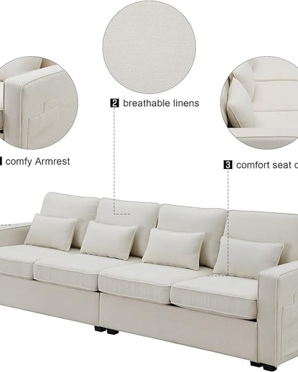 Sectional Living Room,Minimalist I Shape Couch,Compact Linen Fabric Modular Upholstered Sofa with Armrest Pocket and Removable Cushions,4 Pillow, 104" (4 Seater), Beige - LeafyLoom