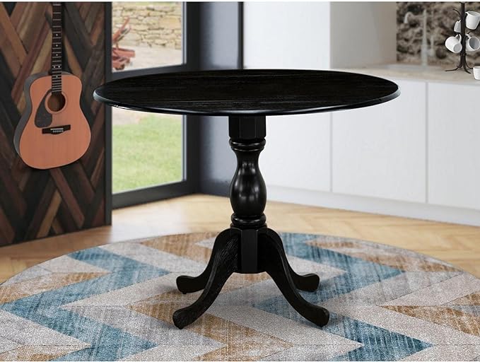 East West Furniture DMT-ABK-TP Dublin Dining Room Table - a Round Wooden Table Top with Dropleaf & Pedestal Base, 42x42 Inch, Wirebrushed Black - LeafyLoom