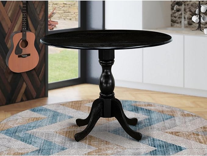 East West Furniture DMT-ABK-TP Dublin Dining Room Table - a Round Wooden Table Top with Dropleaf & Pedestal Base, 42x42 Inch, Wirebrushed Black - LeafyLoom