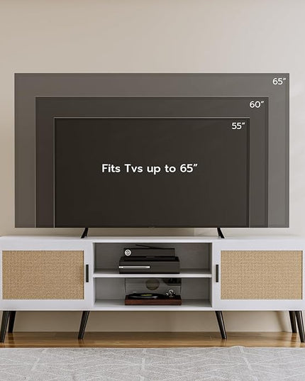 TV Stand for TVs up to 65'', Mid Century Modern Entertainment Center with Rattan Door, Shelves & 2 Cabinets, Boho Media TV Console for Living Room, Bedroom, White - LeafyLoom