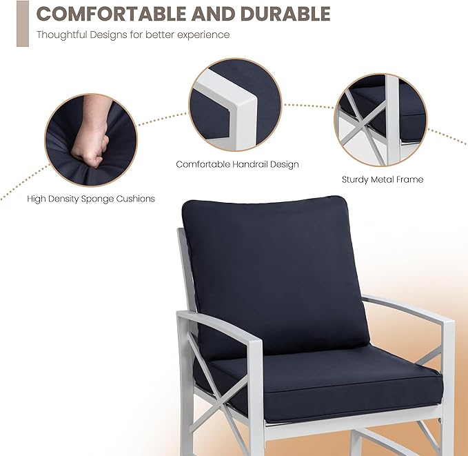 Shintenchi 3 Piece White Metal Outdoor Furniture Sectional Set, Modern Outdoor Metal Chair Conversation Furniture Set with Coffee Table for Patio,Backyard,Balcony (Dark Blue) - LeafyLoom