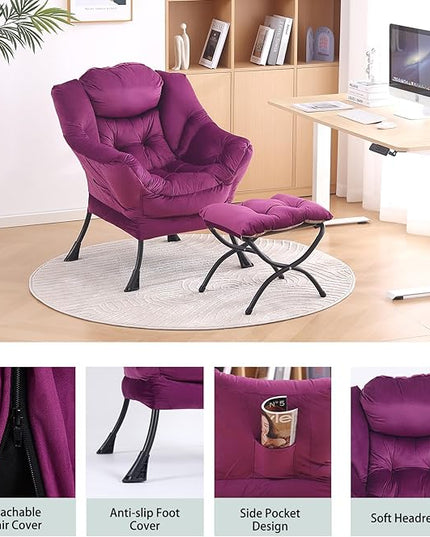 LITA Lazy Chair with Ottoman, Modern Accent Leisure Upholstered Sofa Chair, Contemporary Lounge Reading Chair with Armrests and a Side Pocket for Living Room, Bedroom & Small Space - LeafyLoom
