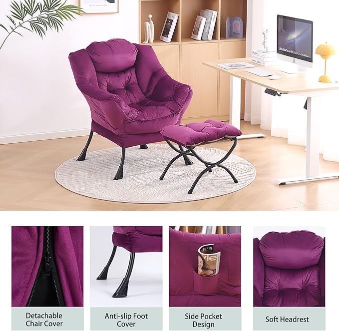 LITA Lazy Chair with Ottoman, Modern Accent Leisure Upholstered Sofa Chair, Contemporary Lounge Reading Chair with Armrests and a Side Pocket for Living Room, Bedroom & Small Space - LeafyLoom