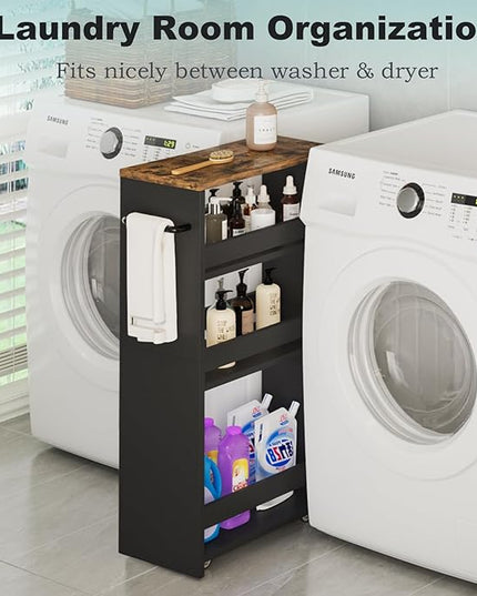 MARTY Rolling Storage Cart 7.9" W, 4-Tier Black Kitchen Cart on Wheels, Slim Storage Cart with Handle for Laundry Narrow Places Bathroom Small Corner - LeafyLoom