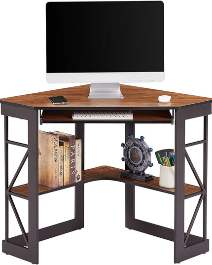 VECELO Corner Computer Desk Writing Smooth Keyboard Tray & Storage Shelves,Compact Home Office Triangle Table, Teak Brown - LeafyLoom
