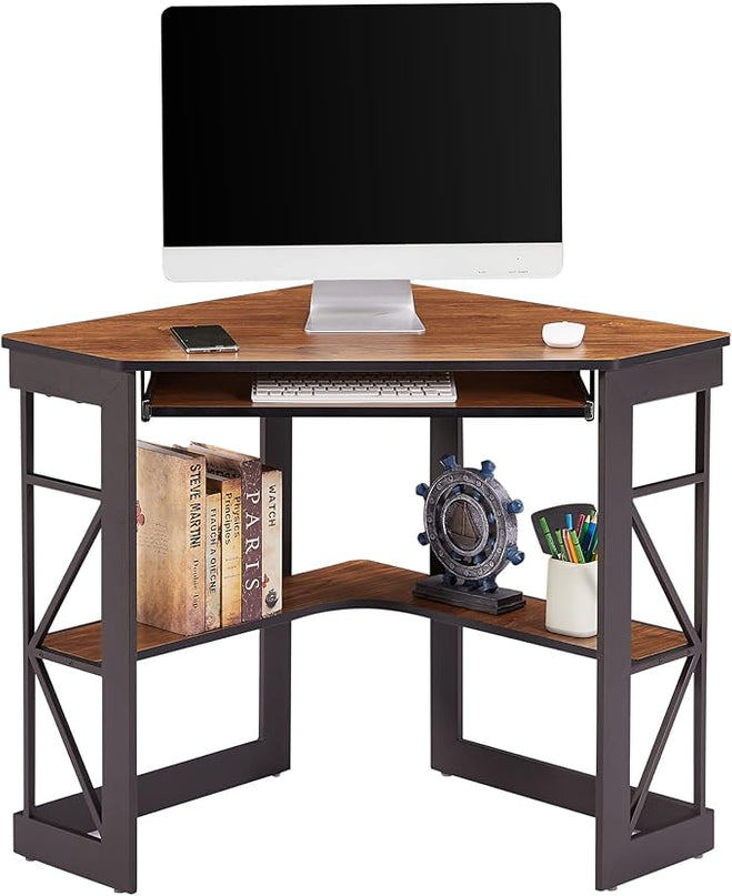 VECELO Corner Computer Desk Writing Smooth Keyboard Tray & Storage Shelves,Compact Home Office Triangle Table, Teak Brown - LeafyLoom