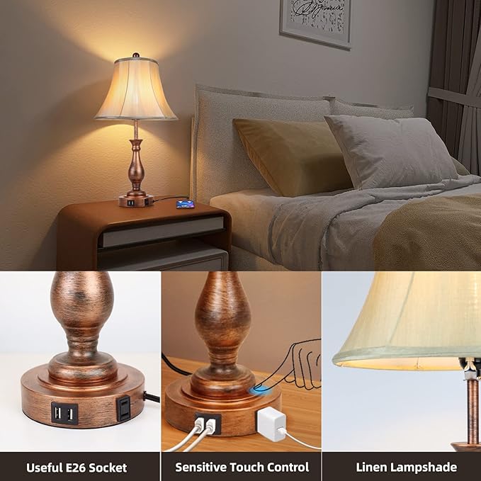 Farmhouse Table Lamp Touch Control 3-Way Dimmable Table Lamp, Modern Nightstand Lamp with 2 USB Port Bedside Desk Lamp with Fabric Shade for Living Room Bedroom Hotel (Pack-001) - LeafyLoom