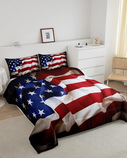 Erosebridal American Flag Comforter Set, United States Down Comforter Queen Size for Kids Boys Teens, USA Federations Stars Bedding Set Geometric Stripes Quilted Duvet for Bedroom, Blue White and Red - LeafyLoom