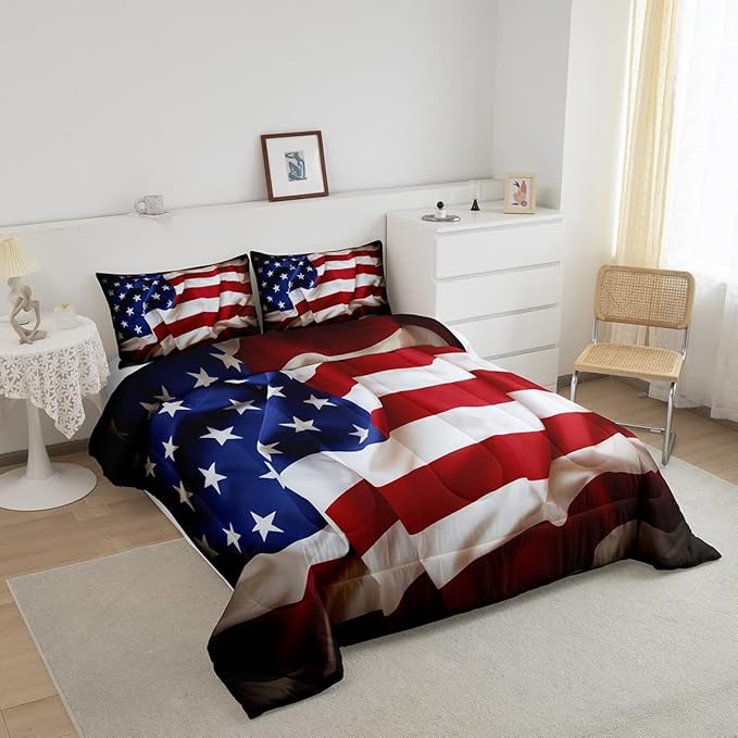 Erosebridal American Flag Comforter Set, United States Down Comforter Queen Size for Kids Boys Teens, USA Federations Stars Bedding Set Geometric Stripes Quilted Duvet for Bedroom, Blue White and Red - LeafyLoom