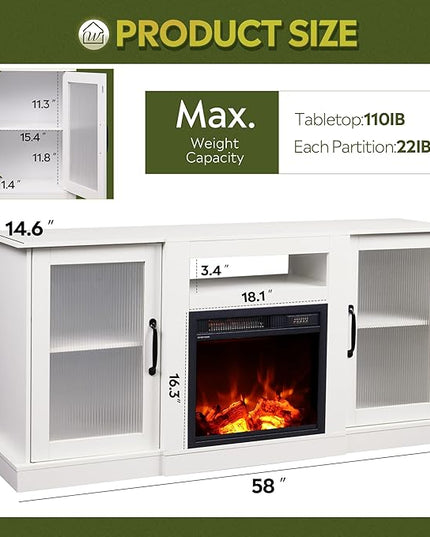 WLIVE Fireplace TV Stand for 65" TV, Entertainment Center with 18 Inch Electric Fireplace, TV Console with Open Shelves for Living Room and Bedroom, White - LeafyLoom