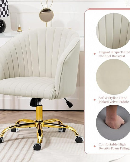 Velvet Office Desk Chair, Modern Home Office Chair with Swivel Gold Base, Comfy Vanity Desk Chair with Upholstered Back, Height Adjustable Computer Desk Chair for Home Office Bedroom Study, Ivory - LeafyLoom