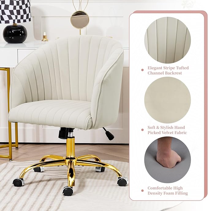 Velvet Office Desk Chair, Modern Home Office Chair with Swivel Gold Base, Comfy Vanity Desk Chair with Upholstered Back, Height Adjustable Computer Desk Chair for Home Office Bedroom Study, Ivory - LeafyLoom