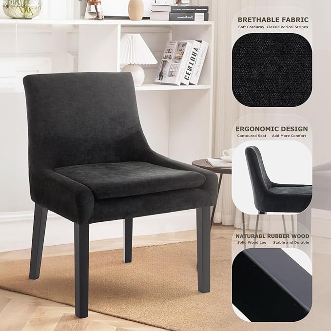 COLAMY Modern Dining Chairs Set of 4, Upholstered Corduroy Accent Side Leisure Chairs with Mid Back and Wood Legs for Living Room/Dining Room-Black - LeafyLoom
