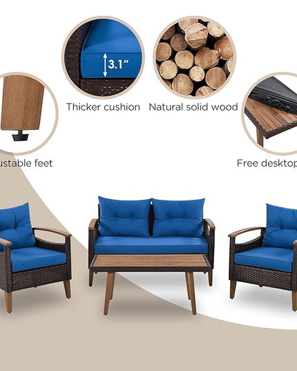 Merax Patio Furniture Sets 4 Pieces, All Weather Outdoor PE Rattan Sofa with Wood Table and Legs, for Lawn, Backyard, Poolside or Garden, Blue - LeafyLoom