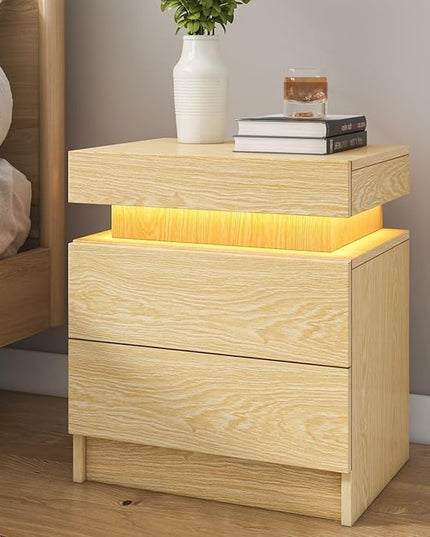 HOMMPA LED Nightstand Wood Bedside Table with Led Lights Modern LED Night Stand with 2 Drawers Smart Nightstand Matte Night Table for Bedroom 20.5" Tall - LeafyLoom
